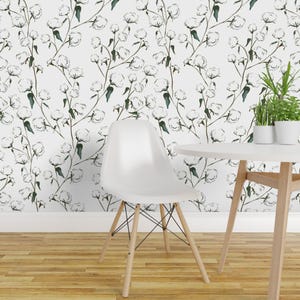 Cotton Wallpaper - Cotton Bolls Sketch By Fat Bird Designs - Farmhouse Custom Printed Removable Self Adhesive Wallpaper Roll by Spoonflower