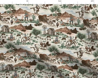 Americana Fabric - Old West Adventure Ecru by studio_birchwood - Prairie Southwest Rodeo Cowboy Horses Fabric by the Yard by Spoonflower