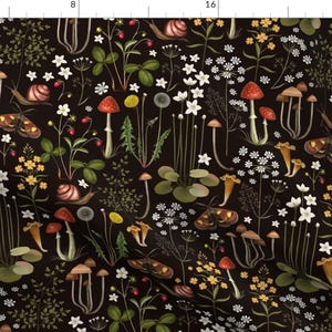 Moody Botanical Fabric - Mushroom Forest by gotozocreations - Black Mushrooms Moths Forest Flowers Fabric by the Yard by Spoonflower