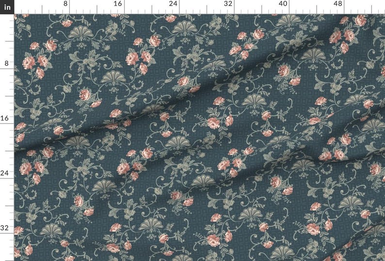 Authentic Rococo Textiles Rococo Fabric - Rococo Roses Medium Blue by Fernlesliestudio ...