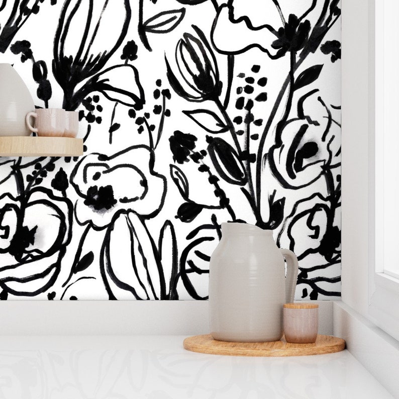 Floral Wallpaper Black White Floral Sketch by Alison Janssen Etsy
