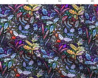 May include: A seamless pattern featuring a colorful, abstract design of leaves and flowers on a dark purple background. The design is reminiscent of a watercolor painting with a galaxy-like effect.