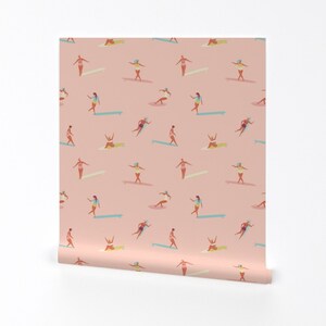 Surf Wallpaper - Surf Sistas Peach Pink By Tasiania - Surf Peach Pink Custom Printed Removable Self Adhesive Wallpaper Roll by Spoonflower