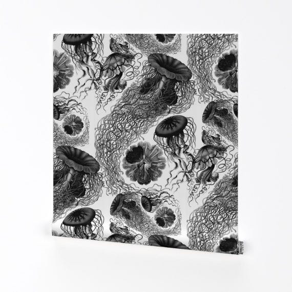 Sea Wallpaper - Jellyfish ~ Black White Swarm By Peacoquettedesigns - Custom Printed Removable Self Adhesive Wallpaper Roll by Spoonflower