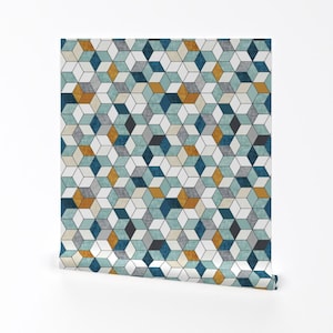 Teal Geometric Removable Peel and Stick Wallpaper - Mustard Hexagon Honeycomb - Wall Art Wall Decor - Hexo Small by nouveau_bohemian