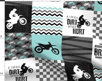 Motorcycle Cheater Quilt Fabric - Motocross Wholecloth Cheater Quilt - Aqua By Longdogcustomdesigns - Dirt Bike Fabric With Spoonflower