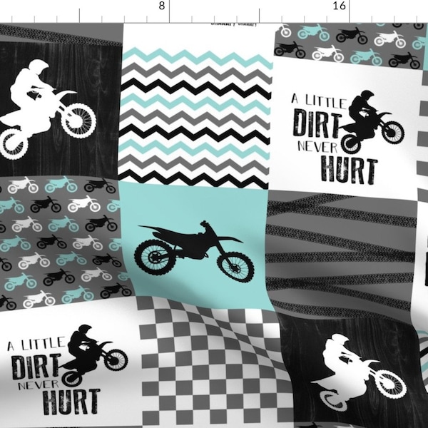 Motorcycle Cheater Quilt Fabric - Motocross Wholecloth Cheater Quilt - Aqua By Longdogcustomdesigns - Dirt Bike Fabric With Spoonflower