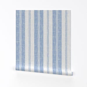 Carta da parati rimovibile a strisce rustiche con sbucciatura e bastone - Blu francese della fattoria - Decorazione murale - Strisce blu francese di emikundesigns