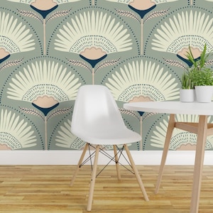 Deco Peel and Stick Wallpaper - Palm Floral Sage Green White Light Pink - Removable Wall Decor Art - Jumbo Palms On Sage by scarlet_soleil