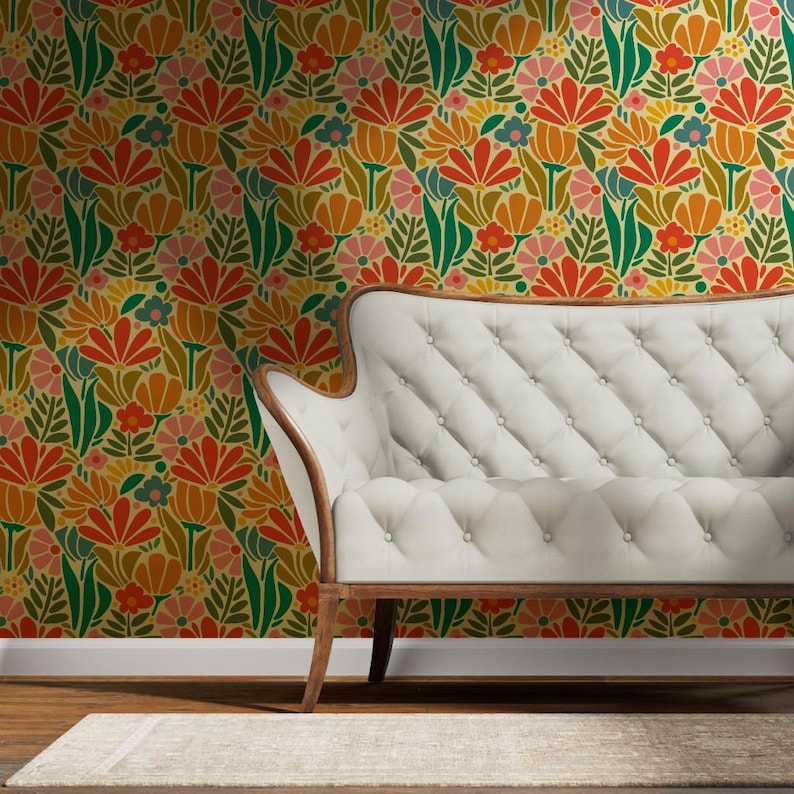 Psychedelic Floral Gold or Silver Metallic Wallpaper - Retro 1960s Pink Botanical Wallpaper Roll - Maximalism Folk by jenflorentine - image 3