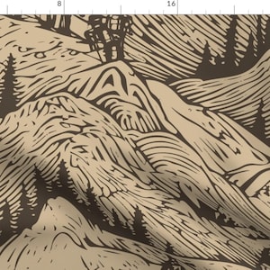 May include: A seamless pattern featuring a brown and tan woodcut style illustration of mountains and trees. The design is reminiscent of a vintage woodblock print.