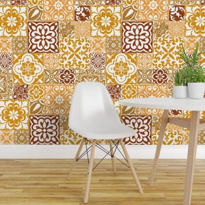Spanish Tile Peel and Stick Wallpaper - Warm Colors Mustard Yellow Goldenrod Patchwork - Removable Wall Decor Art - Warm Tiles by diseminger