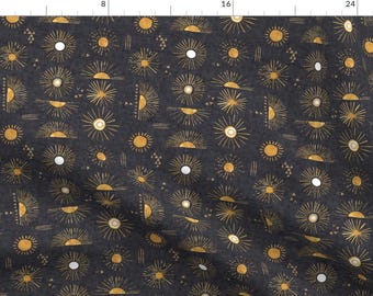 Boho Sun Fabric - Sun Rays (Charcoal) Med By Nouveau Bohemian - Bohemian Deep Gray Celestial Sun Cotton Fabric By The Yard With Spoonflower