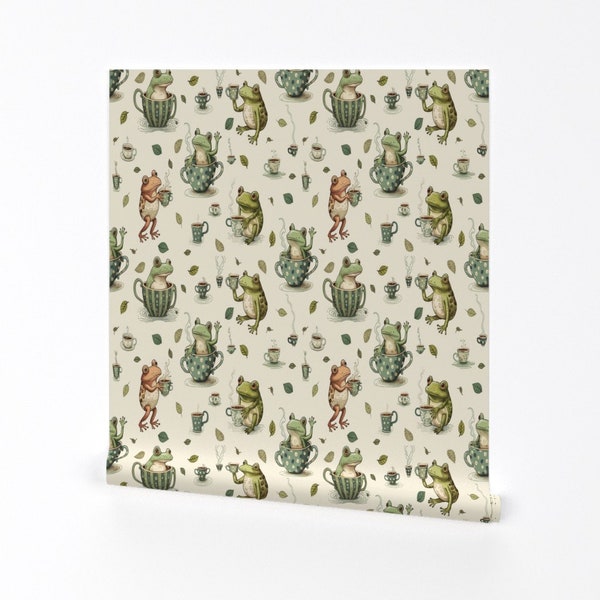 Whimsical Wallpaper - Tea Frogs by madmadden - Frogs Tea Tea Cups Tea Time Nature Garden Removable Peel and Stick Wallpaper by Spoonflower