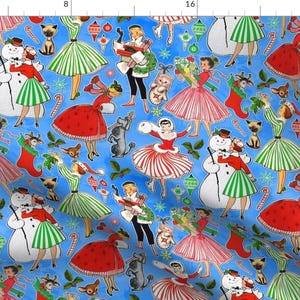 Blue Dancers Vintage Fabric - Vintage Christmas Traditions Blue By Xoxotique - Vintage Dance Cotton Fabric By The Yard With Spoonflower
