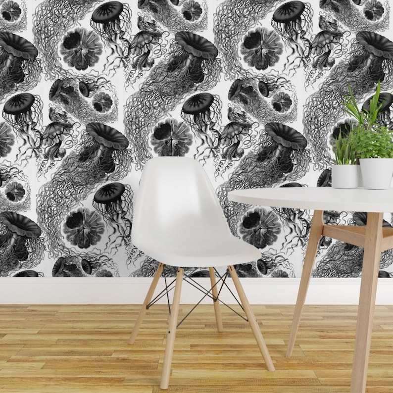 Sea Wallpaper - Jellyfish ~ Black White Swarm By Peacoquettedesigns - Custom Printed Removable Self Adhesive Wallpaper Roll by Spoonflower image 1