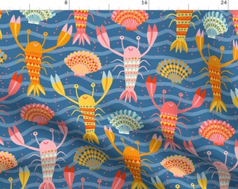 Whimsical Coastal Fabric - Happy Lobsters by miraparadies - Colorful Bright Summer Beach Crustacean Fabric by the Yard by Spoonflower