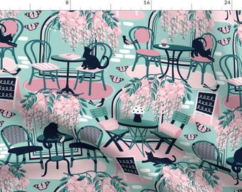 Cat Fabric - Cat Cafe By Nanshizzle - Pink Green Floral Black Cat Paris France Coffee Patisserie Cotton Fabric By The Yard With Spoonflower
