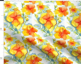 Watercolor Fabric - Yellow Orange Hibiscus Tropical Floral Painted Summer By Marlene Lano Design -Cotton Fabric By The Yard With Spoonflower
