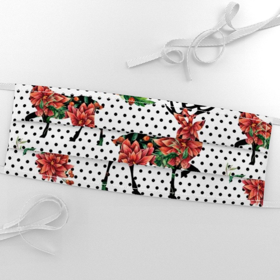 Woodland Christmas Deer Fabric Winter Red Polka Dots by Etsy