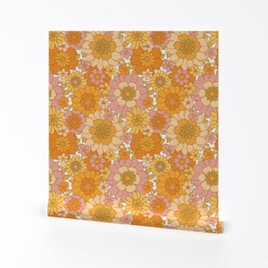 1970er Blumen Abnehmbare Tapete zum Abziehen und Aufkleben - Orange 1960er - Wall Art Wall Decor - Awareness Retro Blumen Auf Weiß by red_raspberry_design