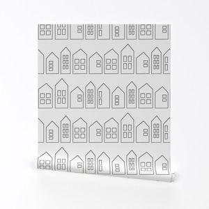 Tapeta Dom - Domy w Szarościach od Littlearrowdesign - Skandynawska Tapeta Samoprzylepna Zdejmowana Z Nadrukiem Na Zamówienie od Spoonflower