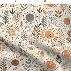 May include: A seamless pattern featuring suns with smiling faces, leaves, and hearts in shades of brown, orange, and grey on a cream background.