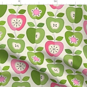 Apple.gingham Fabric - Gingham Apple Appliqus by studioxtine - Fruit Retro Gingham Green Pink Beige  Fabric by the Yard by Spoonflower