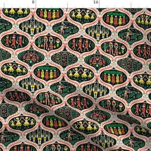 May include: A repeating pattern of colourful folk art figures on a cream background. The figures are dressed in red, green, yellow, and blue. The pattern is set against a dark green background.
