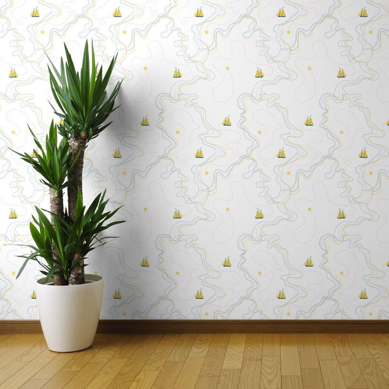 Sailing Wallpaper Sailing For The Treasure Yellow By Ravynka Sailing Cotton Fabric By The Yard With Spoonflower