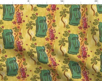 Vintage Hawaiian Tiki Fabric - Hula Moai Green By Woodyworld- Tropical Palm Tree Mid Century Tiki Cotton Fabric By The Yard With Spoonflower