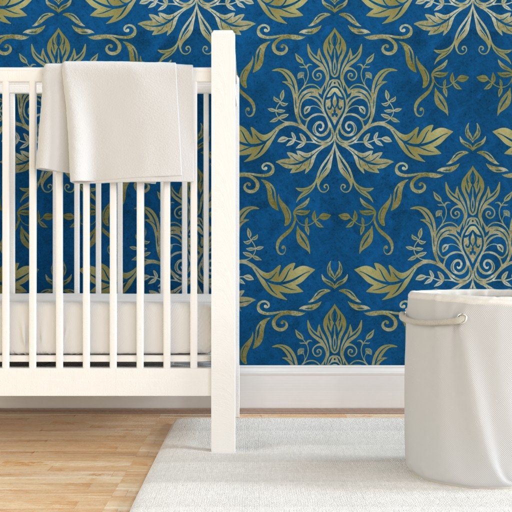 Damask Wallpaper Golden Damask By Diseminger Blue Yellow | Etsy