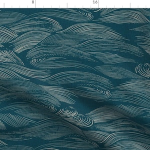 Abstract Water Fabric - Blue Silver Water By Ceciliamok - Dark Teal Faux Silver Swirls Lake Waves Cotton Fabric By The Yard With Spoonflower