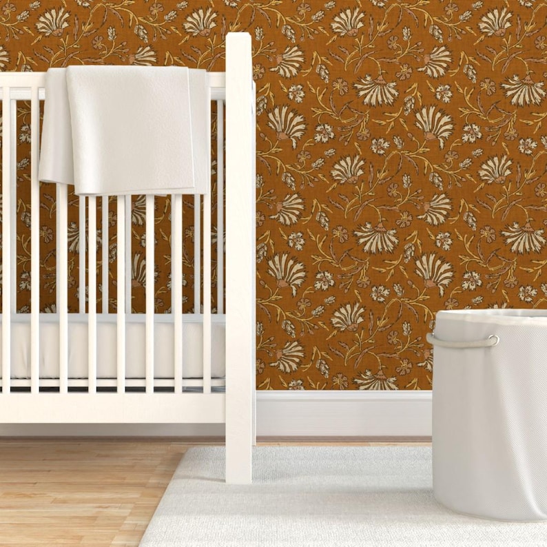 Floral Wallpaper - Kalami Floral Mustard By Holli Zollinger - Linen Look Custom Printed Removable Adhesive Wallpaper Roll by Spoonflower image 6