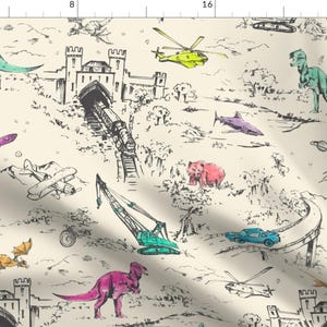 Dinosaur Fabric - Adventure Toile Pop Ivory By Pattern State- Jurassic Dino Invasion Modern Toile Cotton Fabric By The Yard With Spoonflower
