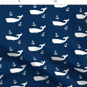 Navy Nautical Whale Fabric - Whales And Anchors On Navy By Modfox - Navy Nautical Nursery Decor Cotton Fabric By The Yard With Spoonflower