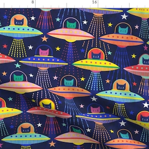 Spaceship Fabric - Intergalactic Cats By Patricia Lima - Cats Kittens Galaxy Rockets UFO Aliens Cotton Fabric By The Yard With Spoonflower