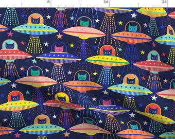 Spaceship Fabric - Intergalactic Cats By Patricia Lima - Cats Kittens Galaxy Rockets UFO Aliens Cotton Fabric By The Yard With Spoonflower