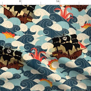 Pirate Clouds Ocean Nautical Fabric - Pirate Ships In Rough Seas By Happy By Design - Pirate Cotton Fabric By The Yard With Spoonflower image 1