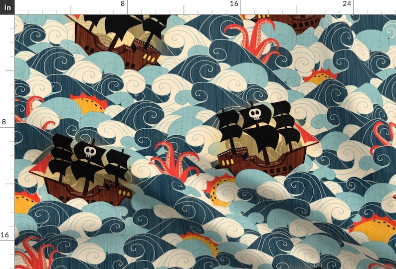 Pirate Clouds Ocean Nautical Fabric - Pirate Ships In Rough Seas By Happy By Design - Pirate Cotton Fabric By The Yard With Spoonflower image 1