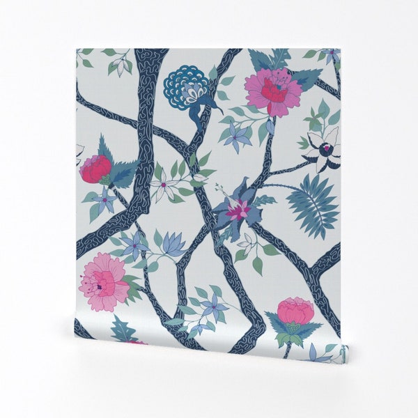 Floral Tree Wallpaper - Peony Branches by danika_herrick - Pink Blue Green Nature  Removable Peel and Stick Wallpaper by Spoonflower