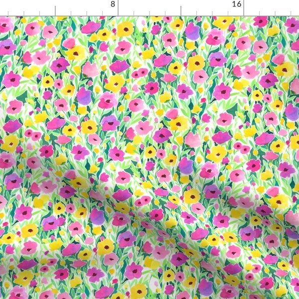 Spring Watercolor Floral Fabric - Flower Field Pink Yellow By Mjmstudio - Watercolor Floral Cotton Fabric By The Yard With Spoonflower