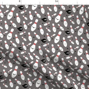 Bowling Fabric - Happy Bowling Ninja -Grey By Clayvision- Bowling Kawaii Bowling Ball Pins Strike Cotton Fabric By The Yard With Spoonflower