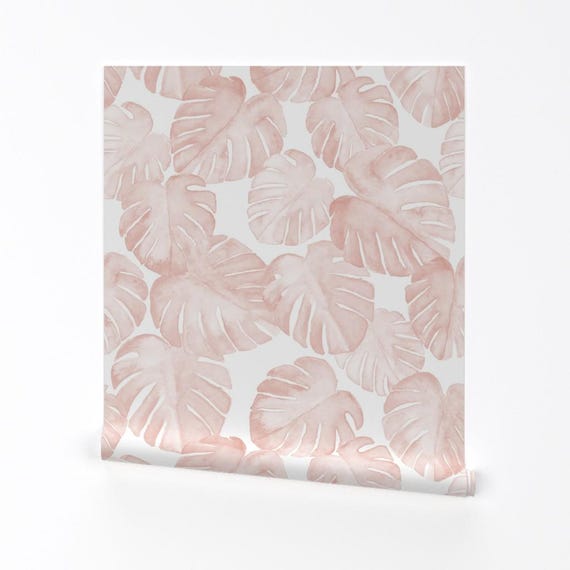 Monstera Wallpaper - Jumbo Scale Watercolor Monstera Leaf By Littlearrowdesign - Pink Removable Self Adhesive Wallpaper Roll by Spoonflower