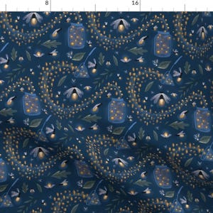 May include: Dark blue fabric with a repeating pattern of fireflies, jars, and leaves. The fireflies are depicted with glowing yellow lights, and the jars are filled with the same light. The leaves are a muted green color.