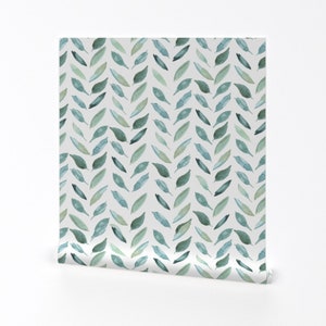 Herringbone Wallpaper - Leaf Herringbone By Taylor Bates Creative - White Green Leaves Removable Self Adhesive Wallpaper Roll by Spoonflower