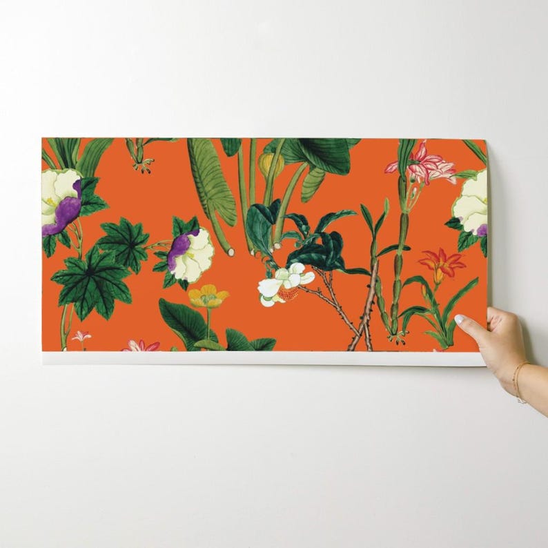 Floral Wallpaper - Vintage Floral Orange By Bruxamagica - Vintage Floral Custom Printed Removable Adhesive Wallpaper Roll by Spoonflower image 9