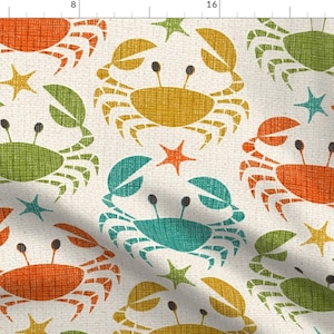 Retro Crab Fabric - Dancing Crabs by studioxtine - Whimsical Coastal Summer Beach Crustacean Shrimp Crab Fabric by the Yard by Spoonflower