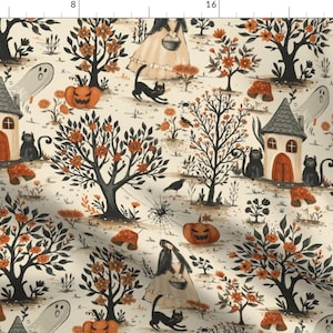 Haunted House Fabric - Haunted Harvest by sonulkaster - Rustic Halloween Cottagecore Spooky Whimsical Fabric by the Yard by Spoonflower