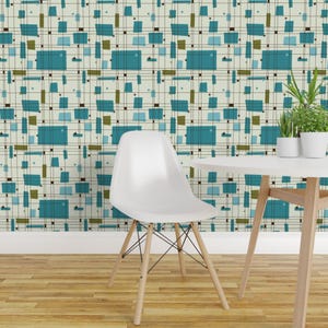 Papel pintado de estilo de mediados de siglo - Take 5 Teal de Studiofibonacci - Rollo de papel pintado autoadhesivo removible con estampado geométrico personalizado de Spoonflower